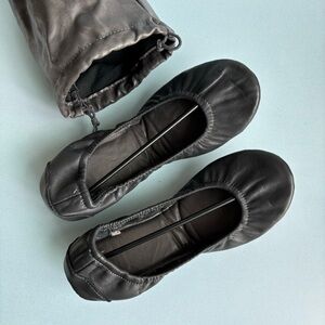 Packable Dark Grey Leather Ballet Flats